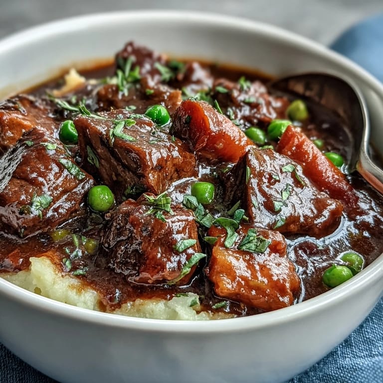 Hearty Irish beef stew made with lean beef and vegetables, ladled over a smooth, low-carb cauliflower mash for comfort.  