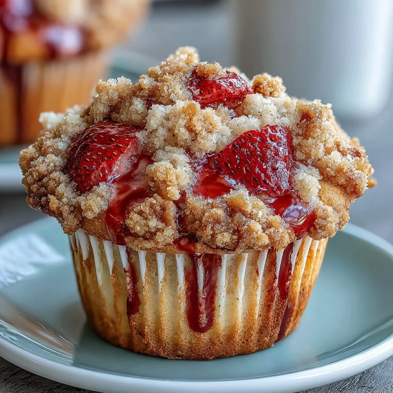 Golden crumble-topped strawberry muffins with a hint of lemon zest, offering a delightful balance of sweet and tangy flavors.