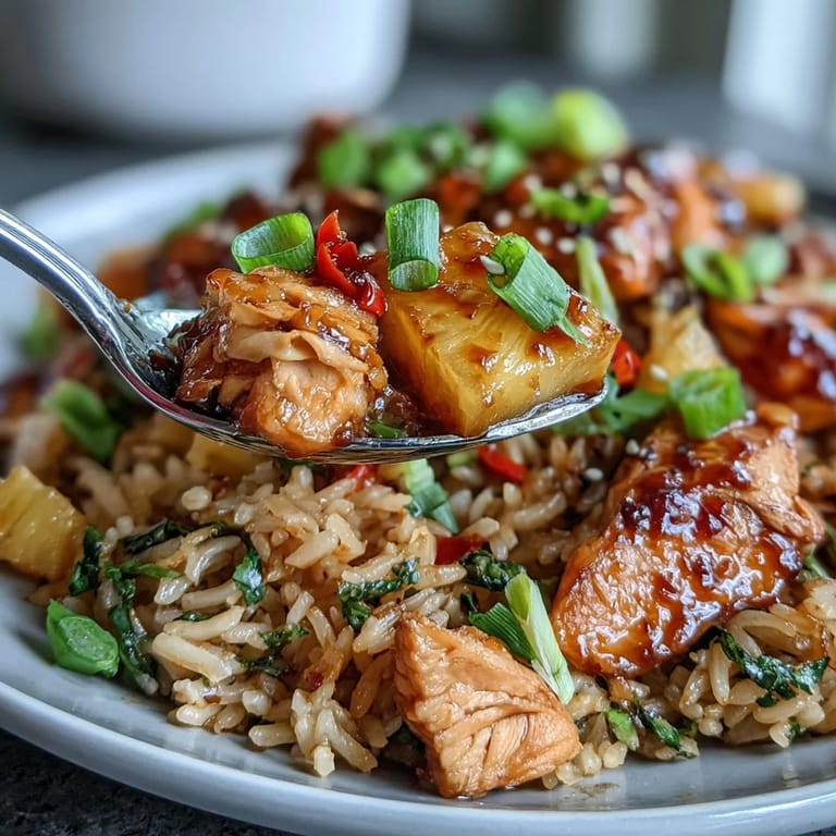 Close-up of Sweet Chili Chicken Pineapple Fried Rice with fluffy jasmine rice, scrambled eggs, crisp bell peppers, and sweet chili glaze, perfect for a flavorful weeknight dinner.