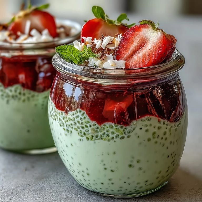 Vibrant chia pudding jars layered with strawberry puree and matcha yogurt, topped with fresh fruit and toasted coconut.