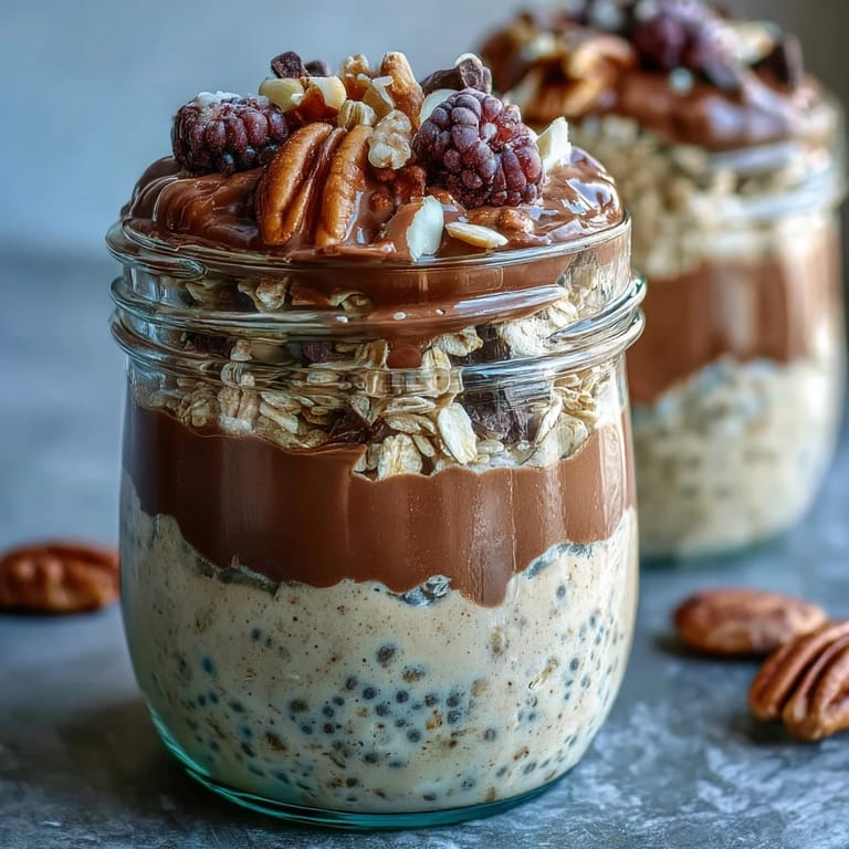 Velvety overnight oats blended with protein powder, chia seeds, and cookie dough-inspired mix-ins for a healthy, indulgent breakfast.