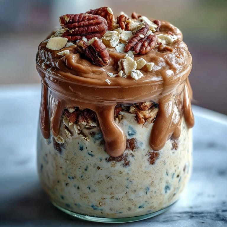 Glass jar filled with protein-packed overnight oats, topped with walnuts and chocolate chips, offering a nutritious start to your day.