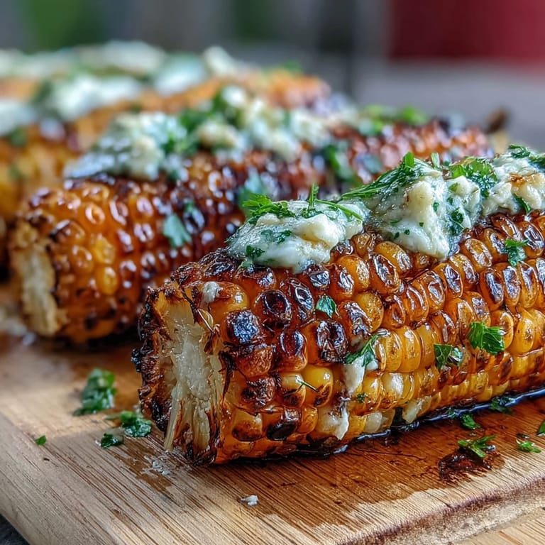 Grilled corn in foil with herb butter, golden and tender, garnished with Parmesan and fresh parsley for a savory finish.