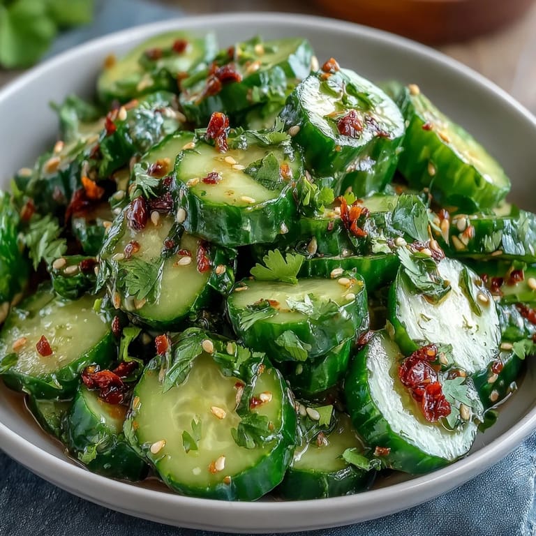 Vibrant smashed cucumber salad tossed in tangy dressing and topped with golden garlic chili oil.