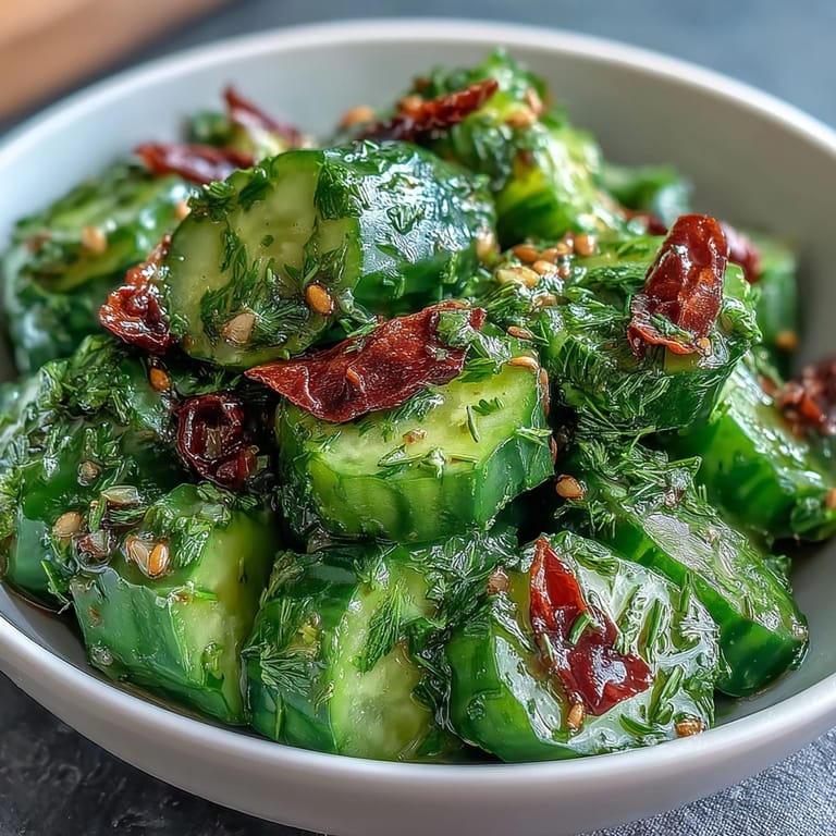 Crunchy smashed cucumber salad bursting with fresh scallions, toasted sesame, and bold garlic chili flavors.