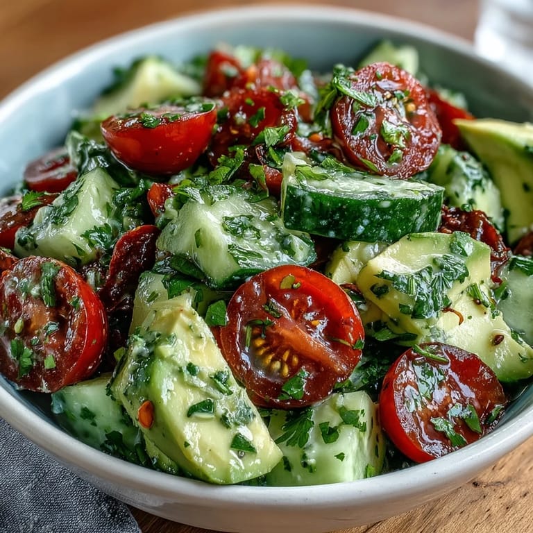 Crisp cucumber tomato avocado salad with lemon dressing, featuring creamy avocado and zesty citrus notes for a delightful meal.