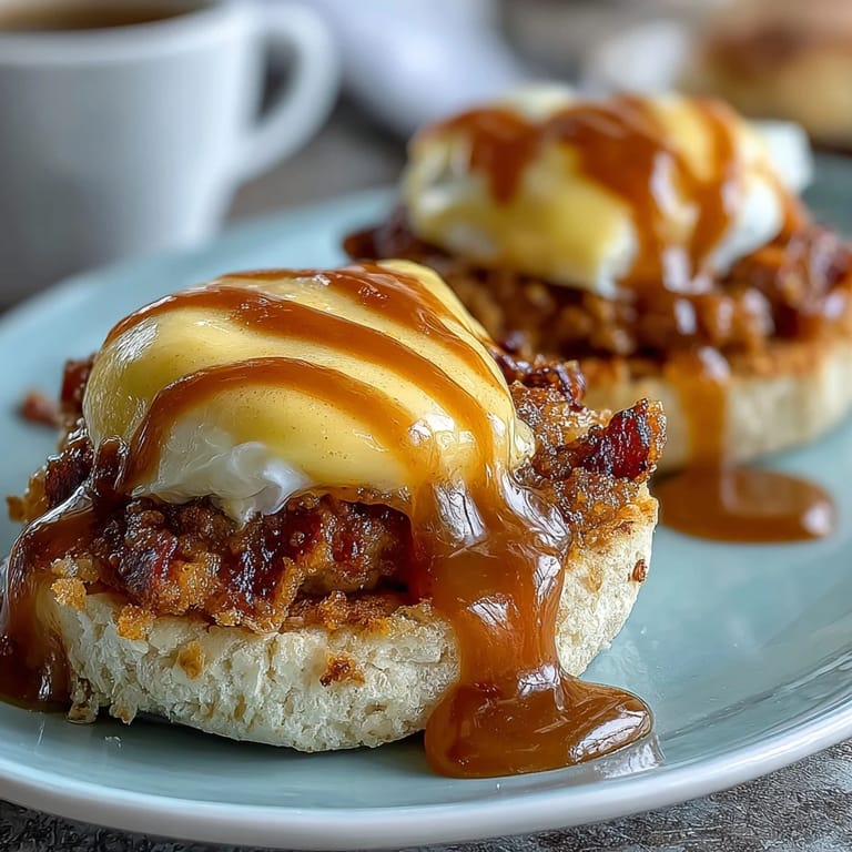 Classic brunch dish with golden hollandaise cascading over perfectly poached eggs, Canadian bacon, and buttered English muffin halves.