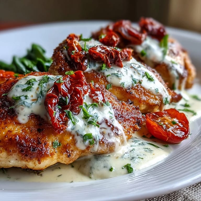 Golden-seared chicken breasts in a velvety garlic cream sauce with sun-dried tomatoes and spinach, perfect for dinner.