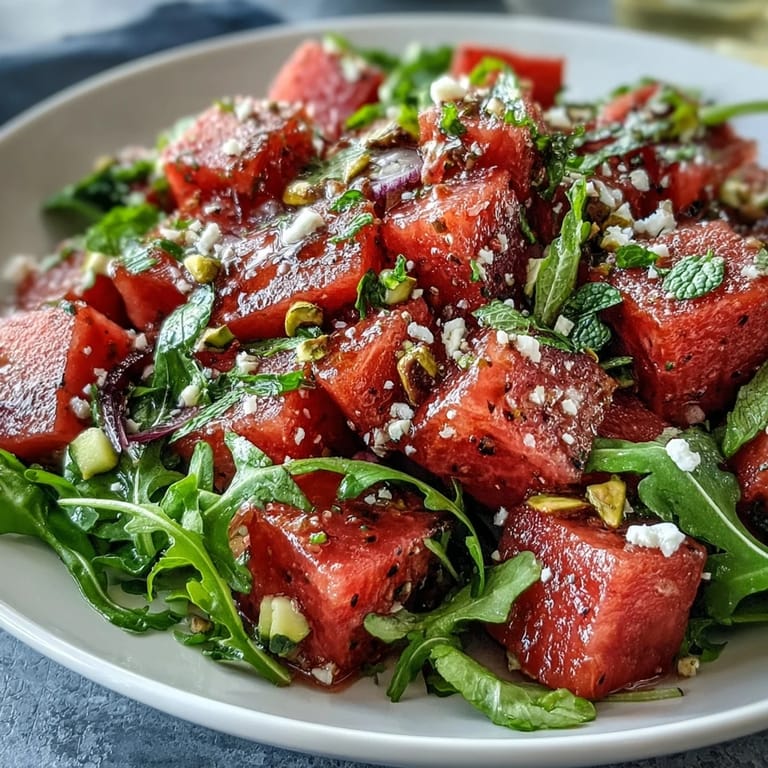Refreshing Watermelon and Arugula Salad featuring ripe watermelon cubes, crisp greens, and tangy feta in a light citrus vinaigrette.