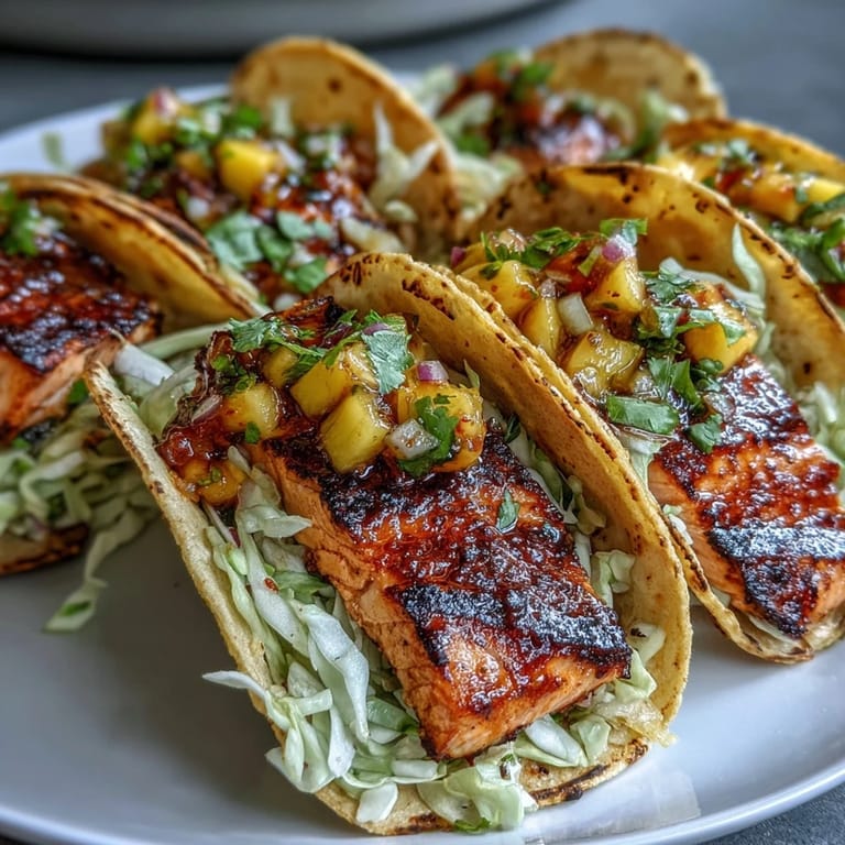 Zesty grilled salmon tacos topped with sweet mango salsa, perfect for a light and healthy summer meal.  