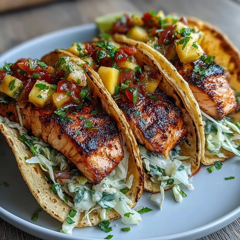 Vibrant grilled salmon tacos with colorful mango salsa, offering a delightful mix of smoky and sweet flavors.