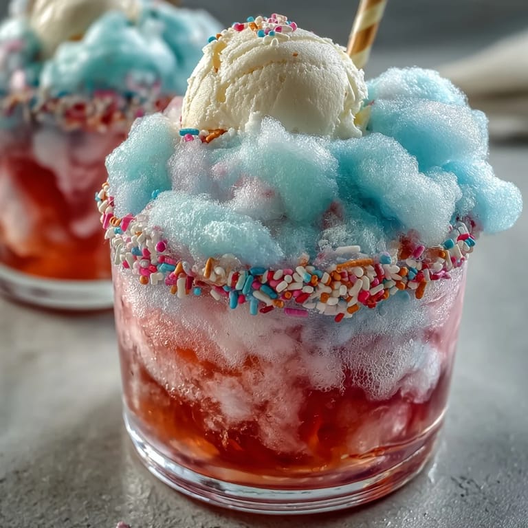 Sweet and tart Cotton Candy Lemonade Float topped with fluffy cotton candy and fresh mint, perfect for festive gatherings.