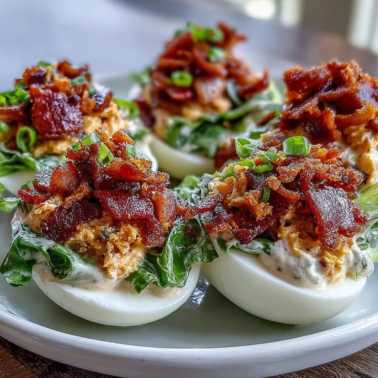 Savory BLT Deviled Eggs featuring smoky bacon, crisp lettuce, and bright tomato on creamy yolk filling.