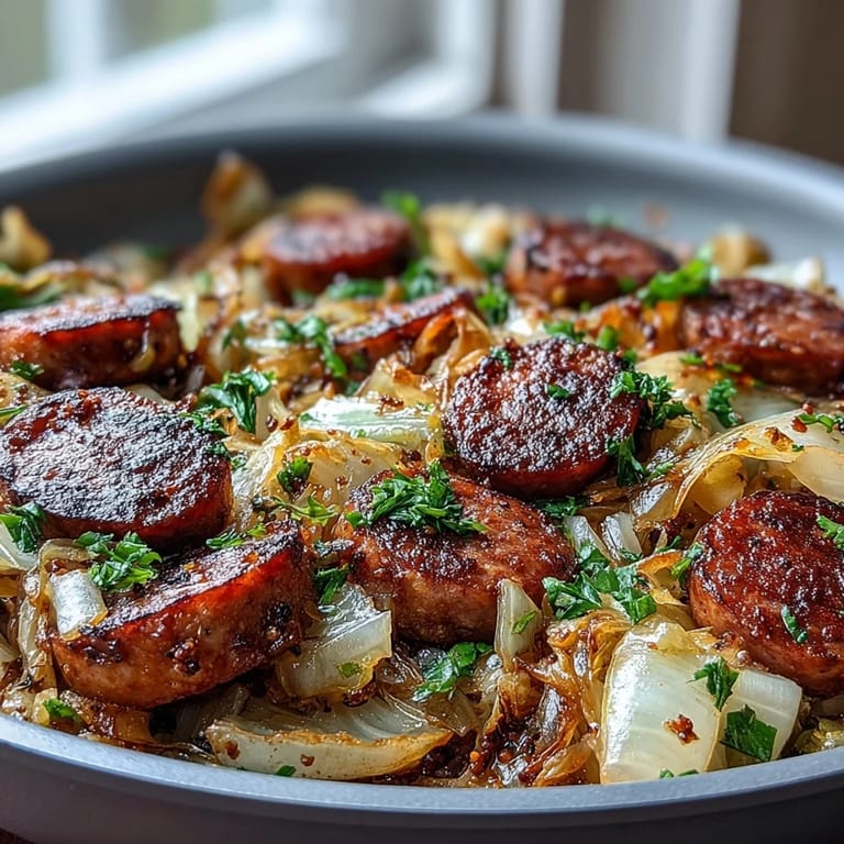 Savory Cabbage and Sausage Skillet, featuring sliced sausage, fresh cabbage, and aromatic whole grain mustard.