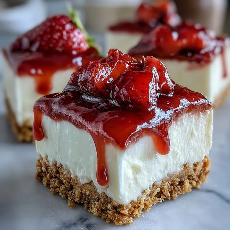 Layers of smooth cheesecake filling and juicy strawberries on a crisp graham cracker base. An easy, refreshing treat for any occasion.