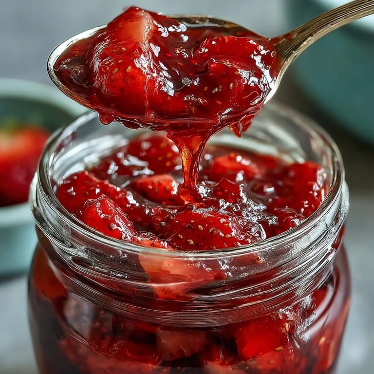 Homemade cottagecore strawberry jam with whole fruit pieces, capturing spring's sweetness and nostalgia, perfect for gifting or afternoon tea.