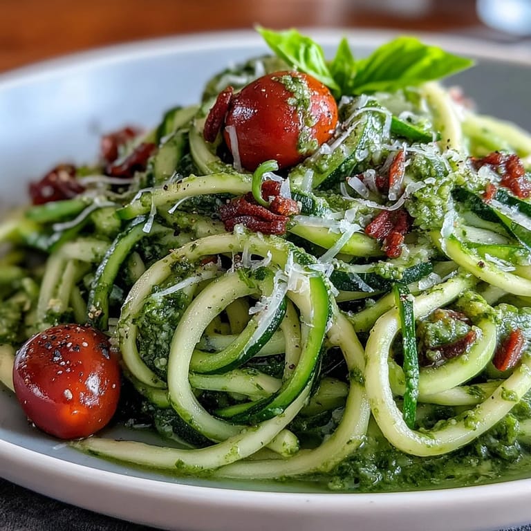 Bright spiralized zucchini coated in creamy homemade pesto, garnished with cherry tomatoes and basil for a refreshing, raw dish.
