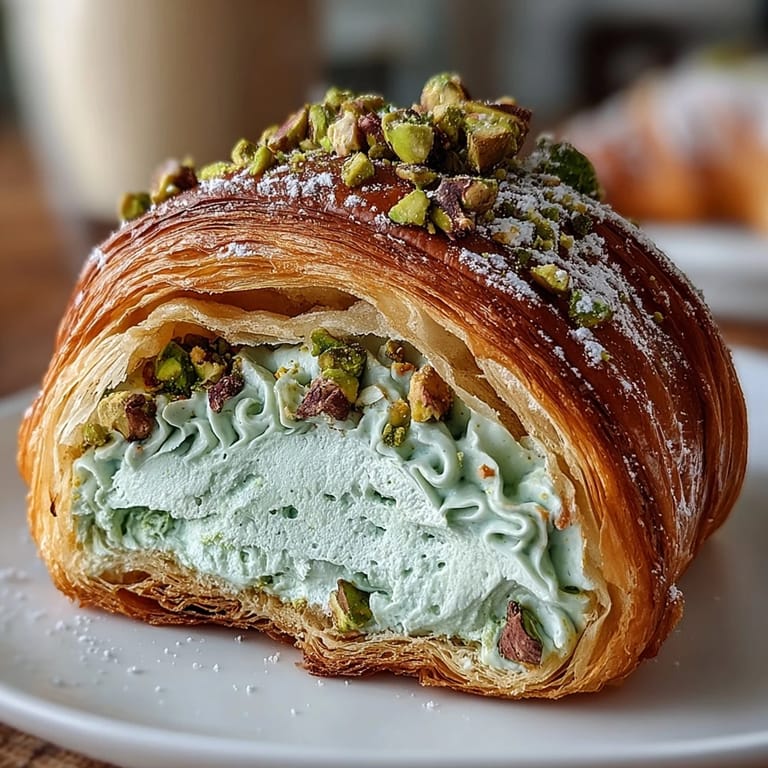 Luxurious pistachio cream croissant with rich, nutty filling and crisp, buttery layers—ideal for pairing with coffee or tea.