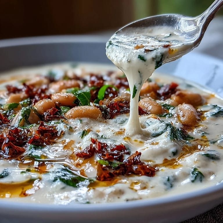 A bowl of hearty Tuscan white bean soup with sun-dried tomatoes and fresh spinach.