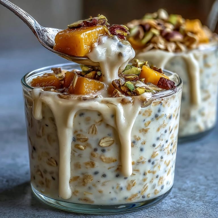 Tropical mango overnight oats blended with cardamom and yogurt, topped with diced mango and nuts.