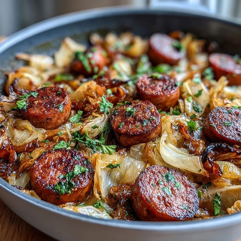 A rustic one-pan Cabbage and Sausage Skillet, hearty and comforting with golden caramelized edges.