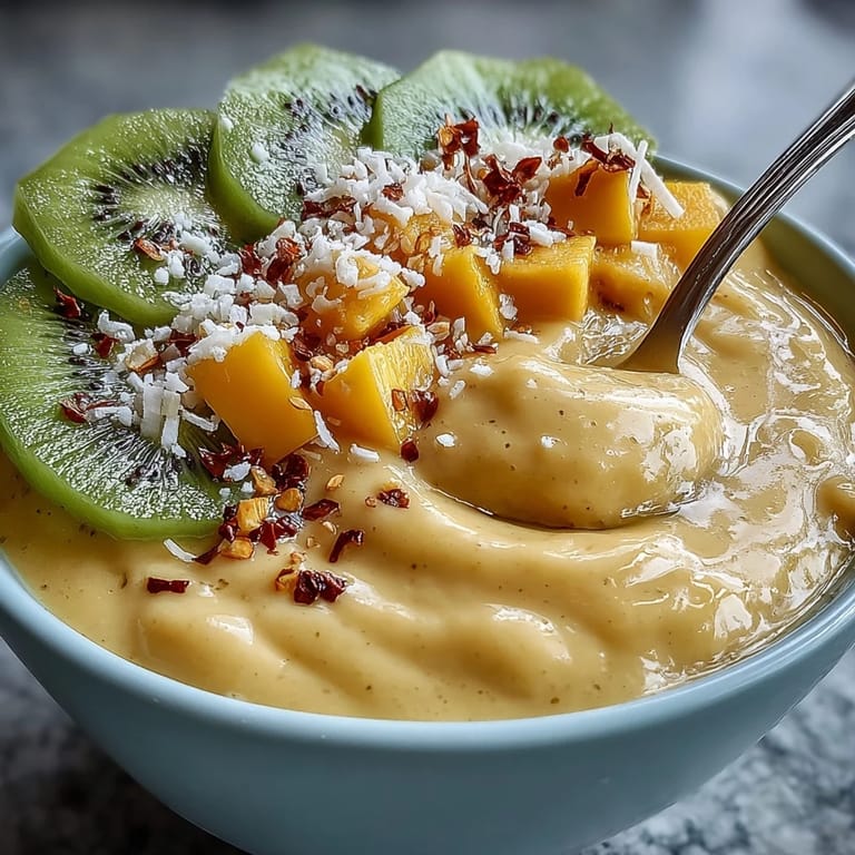 Close-up of a healthy mango chili lime smoothie bowl, bursting with colorful toppings for breakfast.