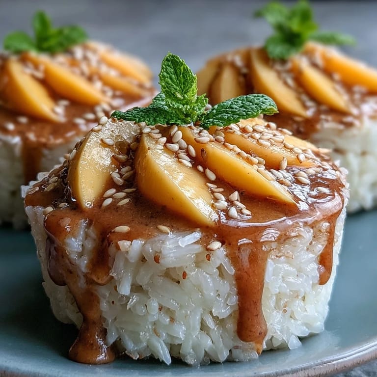 Beautiful Thai Mango Sticky Rice Cups drizzled with sweet coconut sauce.