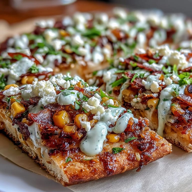Deliciously charred corn flatbread, vibrant with cilantro and zesty jalapeño crema, perfect for parties.