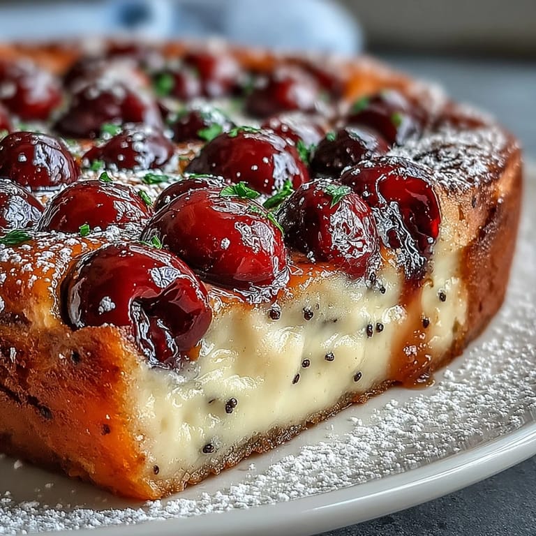Warm, comforting Fresh Cherry Clafoutis with a dusting of powdered sugar.