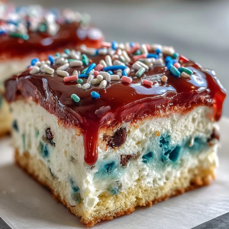 Moist Patriotic Poke Cake, topped with luscious ganache and festive sprinkles.