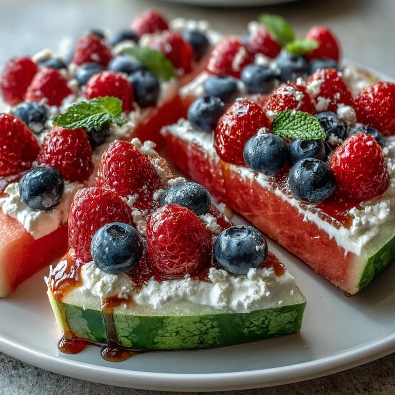 Easy 4th of July Watermelon Pizza topped with cream and vibrant fruit.