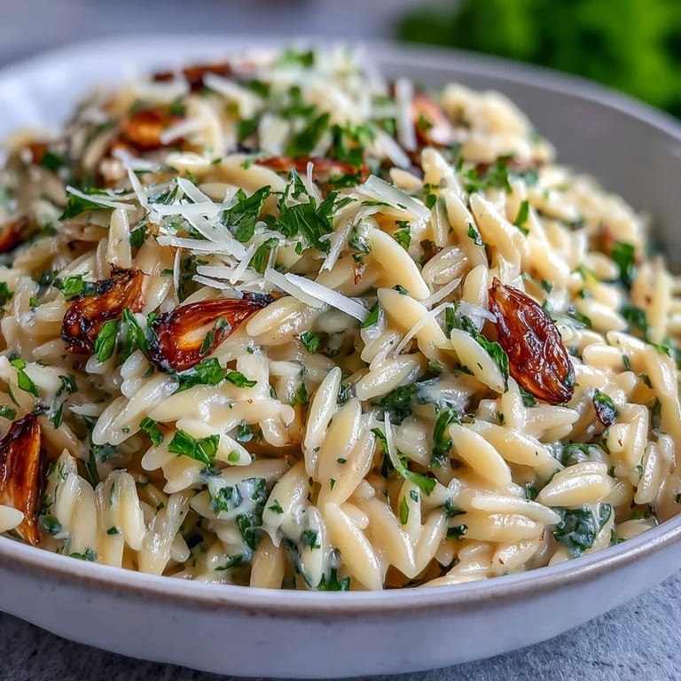 Savory roasted garlic orzo with Parmesan, ready to be served warm.