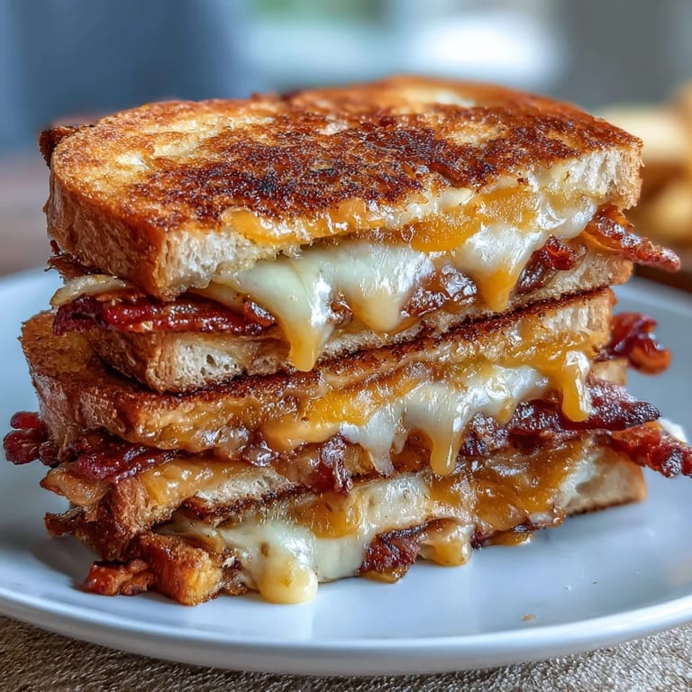Golden brown Apple Cheddar Bacon Grilled Cheese oozing with melted cheddar.