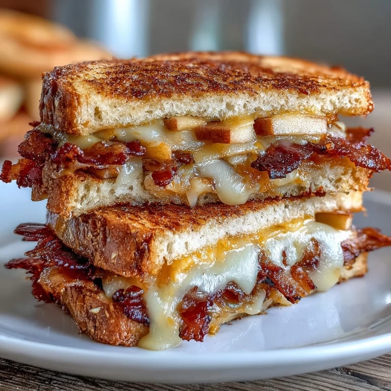 Hearty Apple Cheddar Bacon Grilled Cheese sandwich, perfect comfort food.