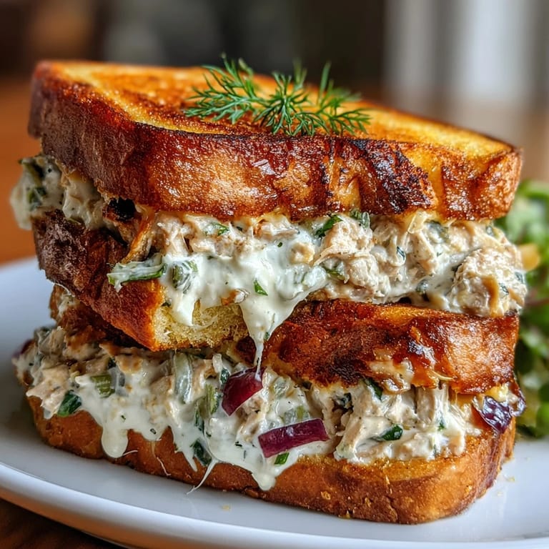 Comforting Tuna Melt Grilled Cheese hot off the griddle, displaying perfectly melted cheese.