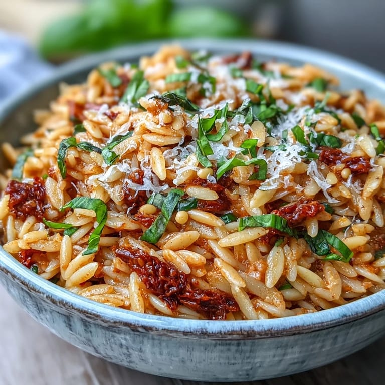 Hearty sun-dried tomato pesto orzo with toasted pine nuts and fresh basil.