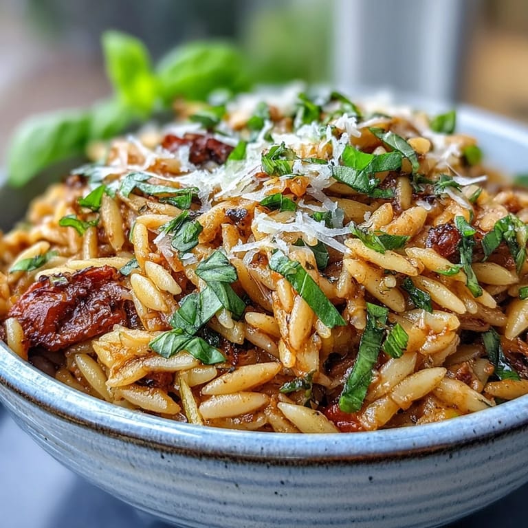 Creamy sun-dried tomato pesto orzo, a savory Italian-inspired vegetarian delight.