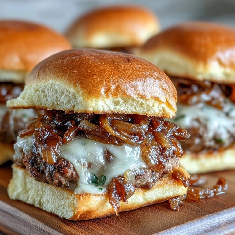 Juicy French Onion Smash Burger Sliders topped with melted Gruyère cheese.