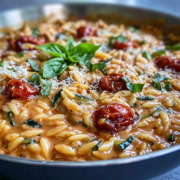 Hearty one-pan dinner, creamy tomato zucchini orzo, easy vegetarian weeknight meal.