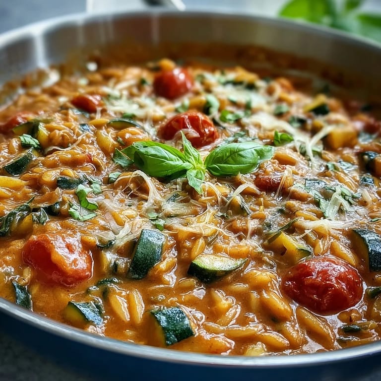 Delicious One-Pan Creamy Tomato Zucchini Orzo ready to serve over pasta.