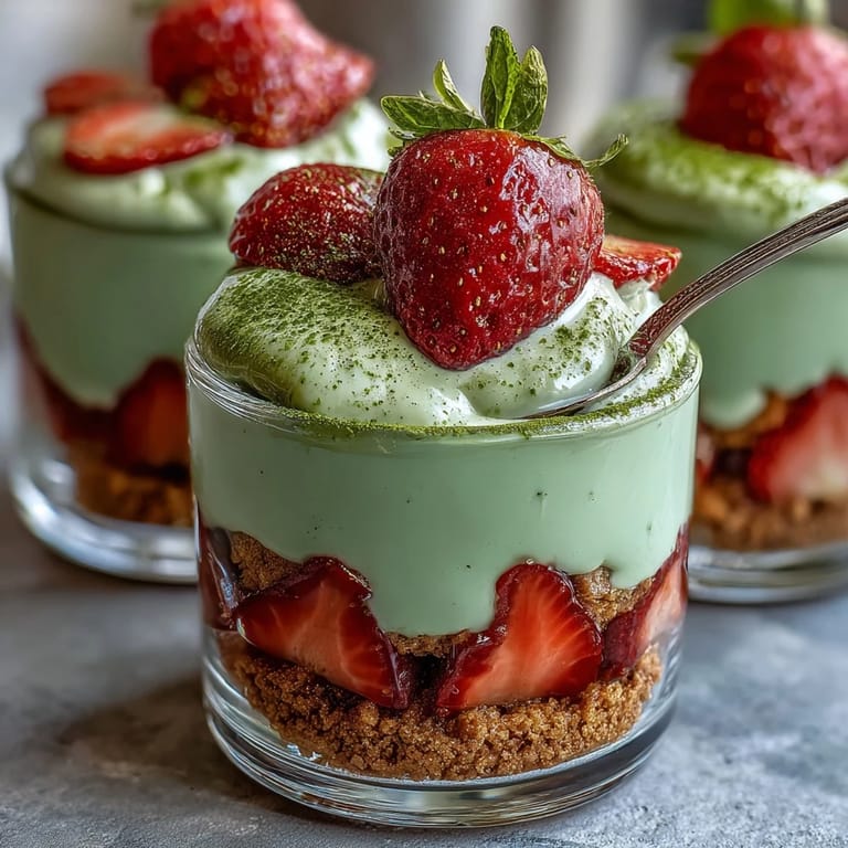 Decadent Strawberry Matcha Tiramisu Cups, a refreshing dessert showcasing vibrant green tea and strawberries.