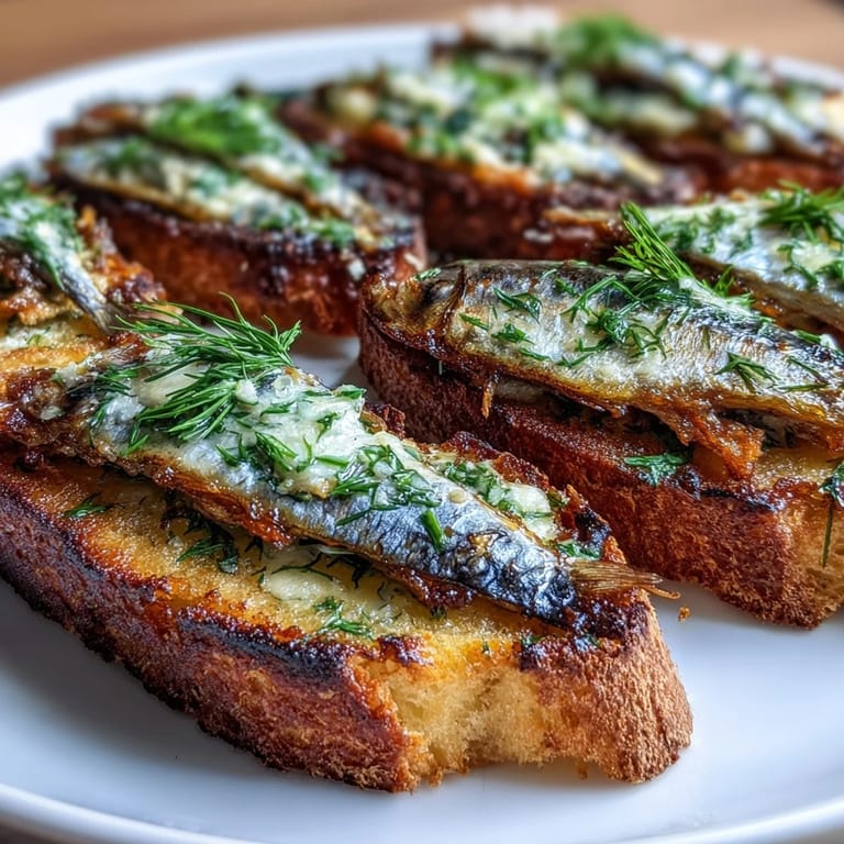 Delicious Crispy Sardine Toasts feature flaky fish on golden toasted baguette slices.