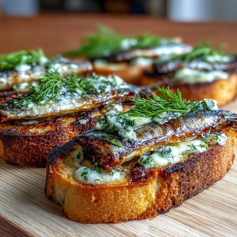 Sumptuous Crispy Sardine Toasts ready for serving with vibrant lemon herb butter.