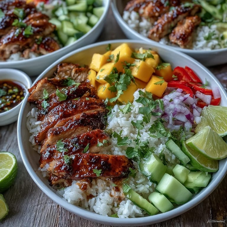 Vibrant, juicy Mango Chili Lime Chicken Bowls, ready for a flavorful, zesty meal.