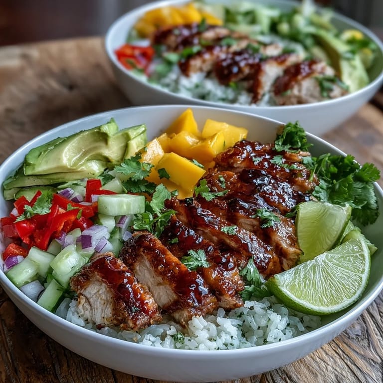 Deliciously assembled Mango Chili Lime Chicken Bowls bursting with sweet and spicy goodness.