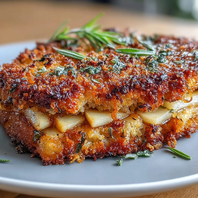 Delicious Crispy Parmesan Apple and Sage Pork Chops, ready to serve hot.