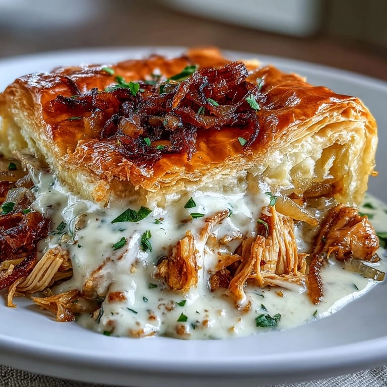 Comforting Creamy French Onion Chicken Pot Pie, crust golden, chicken juicy.