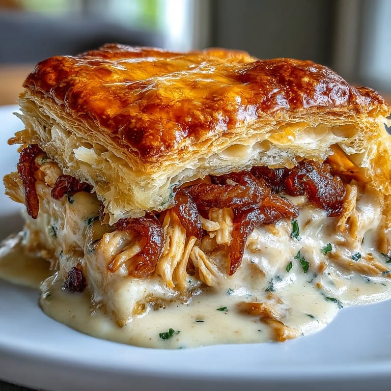Delicious Creamy French Onion Chicken Pot Pie, rich, cheesy, and flaky.