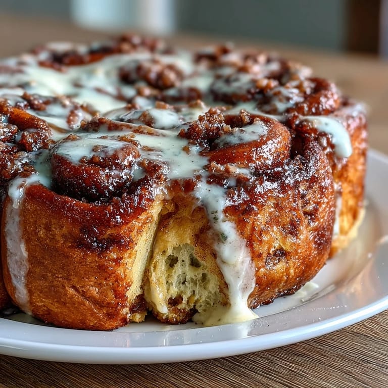 Luscious cream cheese glaze tops a warm, spiced sweet potato cinnamon roll cake slice.