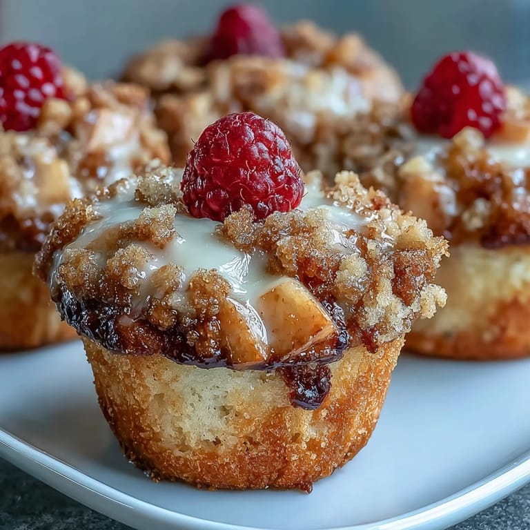 Warm Raspberry Apple Crumble Muffins with visible fruit pieces and golden crumble.